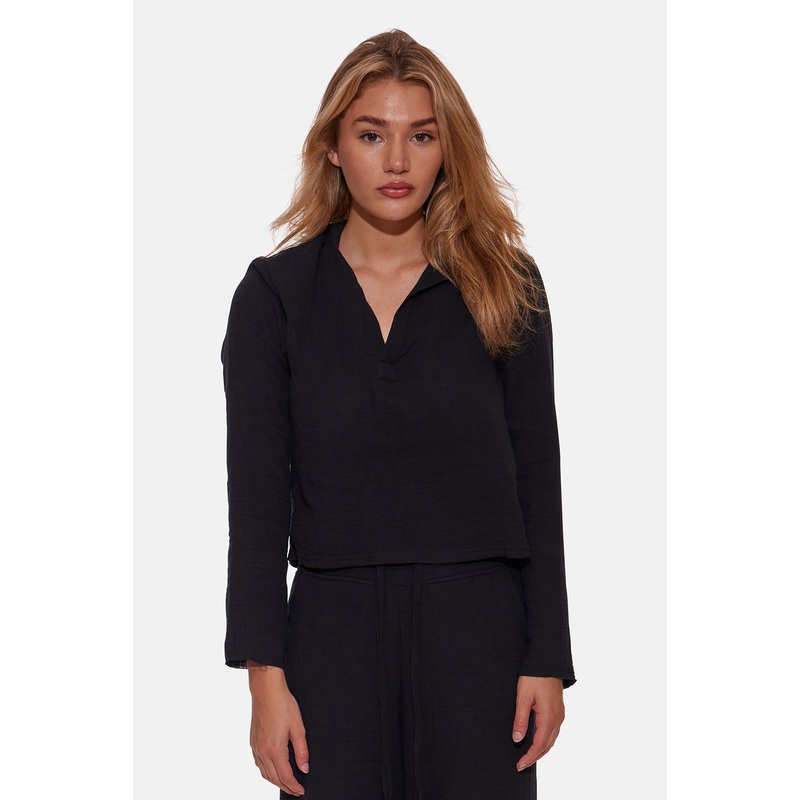 Cassie Gauze Polo Top Black|XS|S|M|L