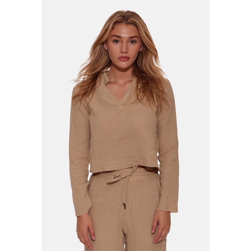 Cassie Gauze Polo Top Sand|XS|S|M|L