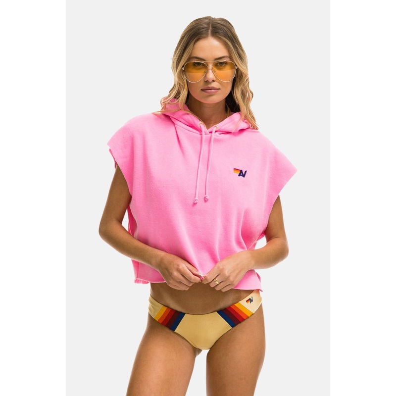 Logo Embroidery Sleeveless Crop Hoodie Neon Pink
