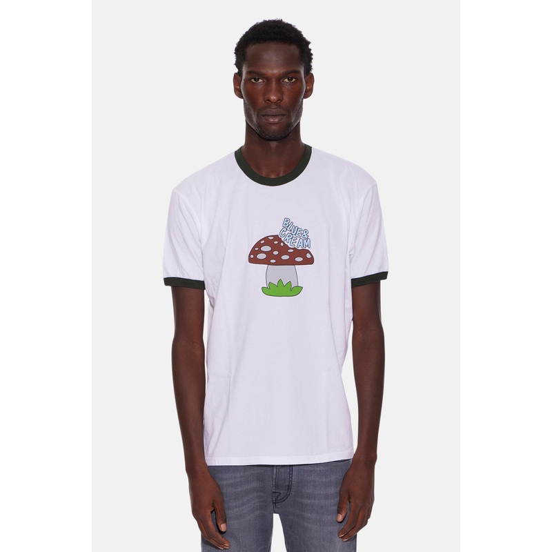 Blue&Cream Mushroom Ringer Tee White/Black
