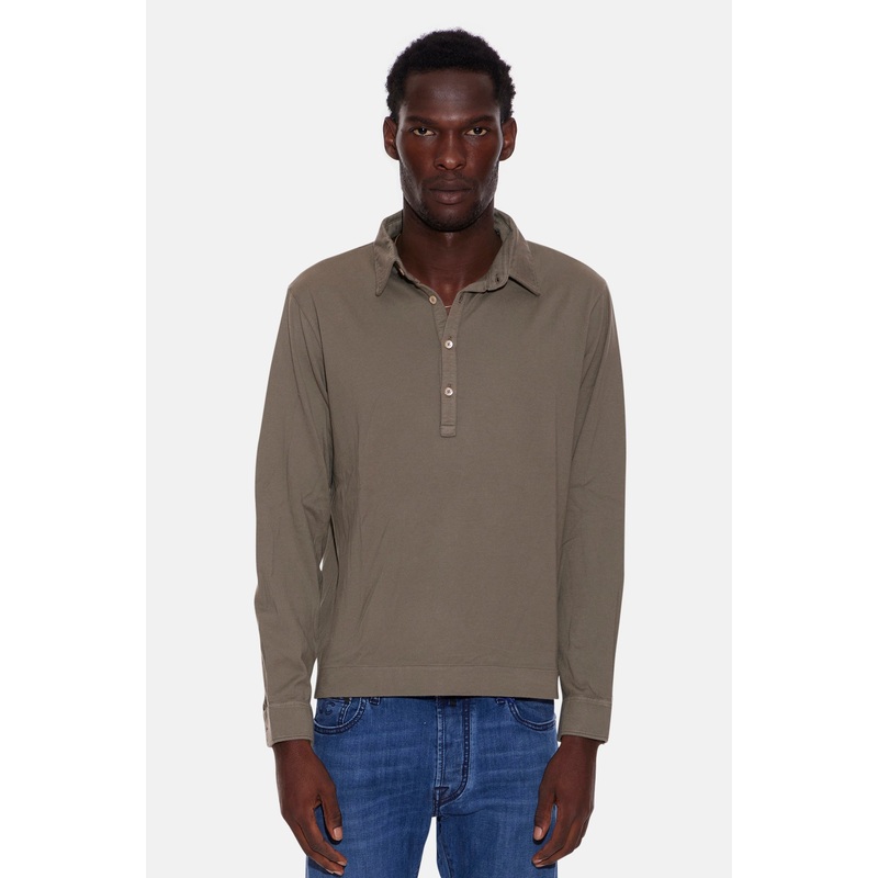 Cotton Cashmere Long Sleeve Polo Army Green
