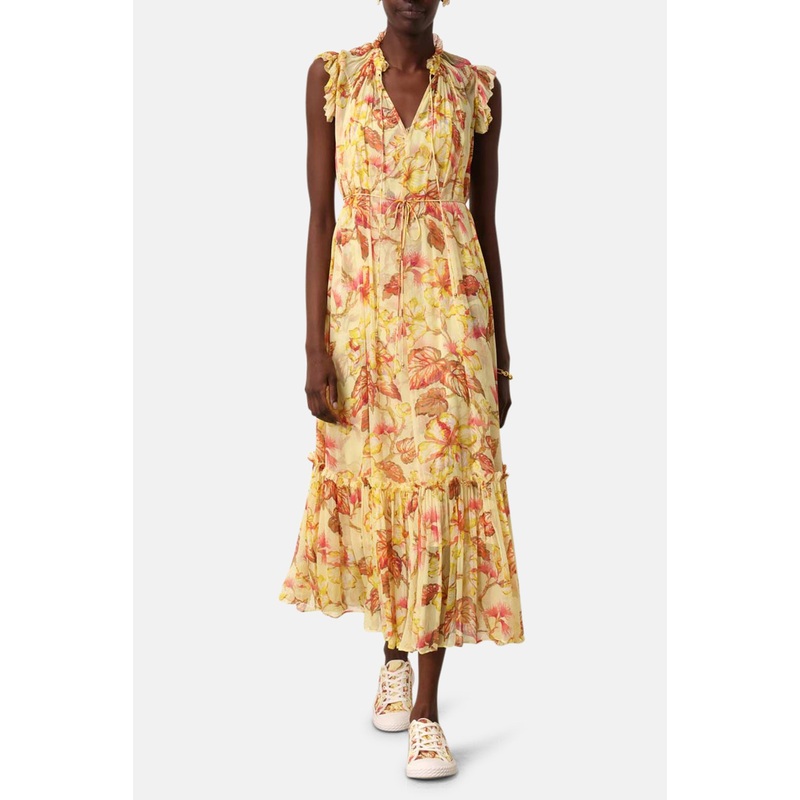 Matchmaker Flutter Midi Dress Yellow Hibiscus