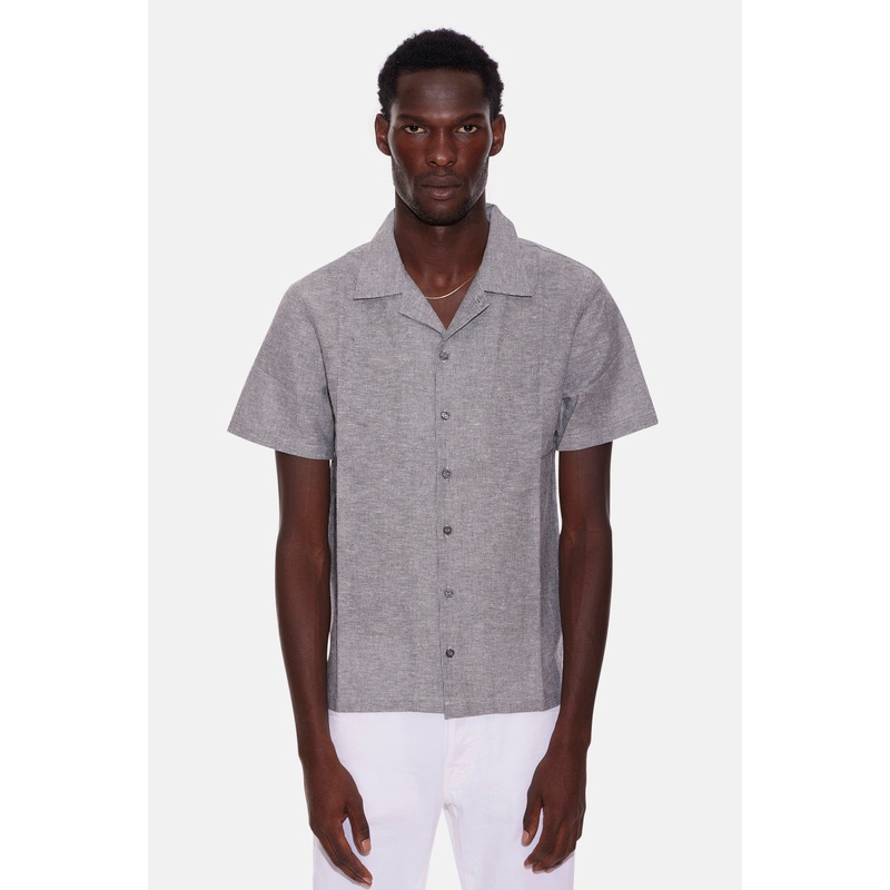 Striped Chambray Camp Shirt Black