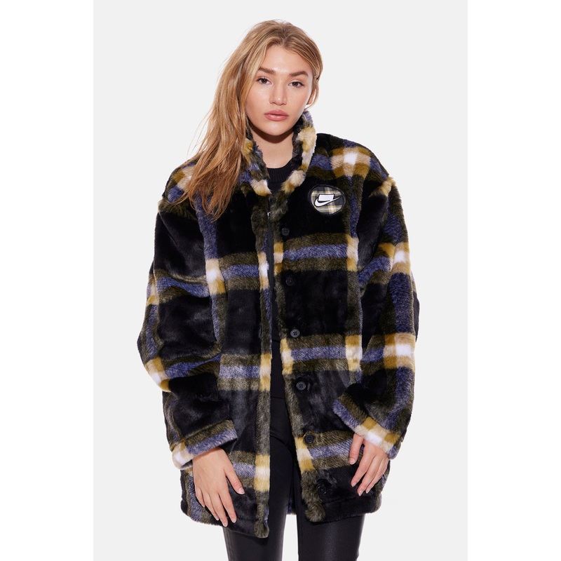 Women’s Faux Fur Plaid Jacket Black/White