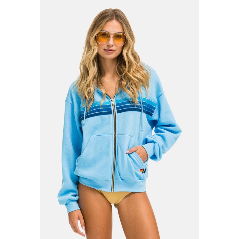 5 Stripe Relaxed Zip Hoodie Sky Blue