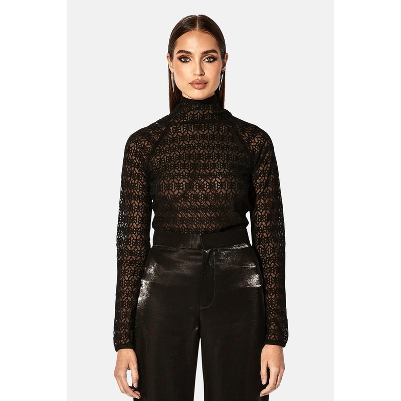 Embroidered Mock Neck Top Black