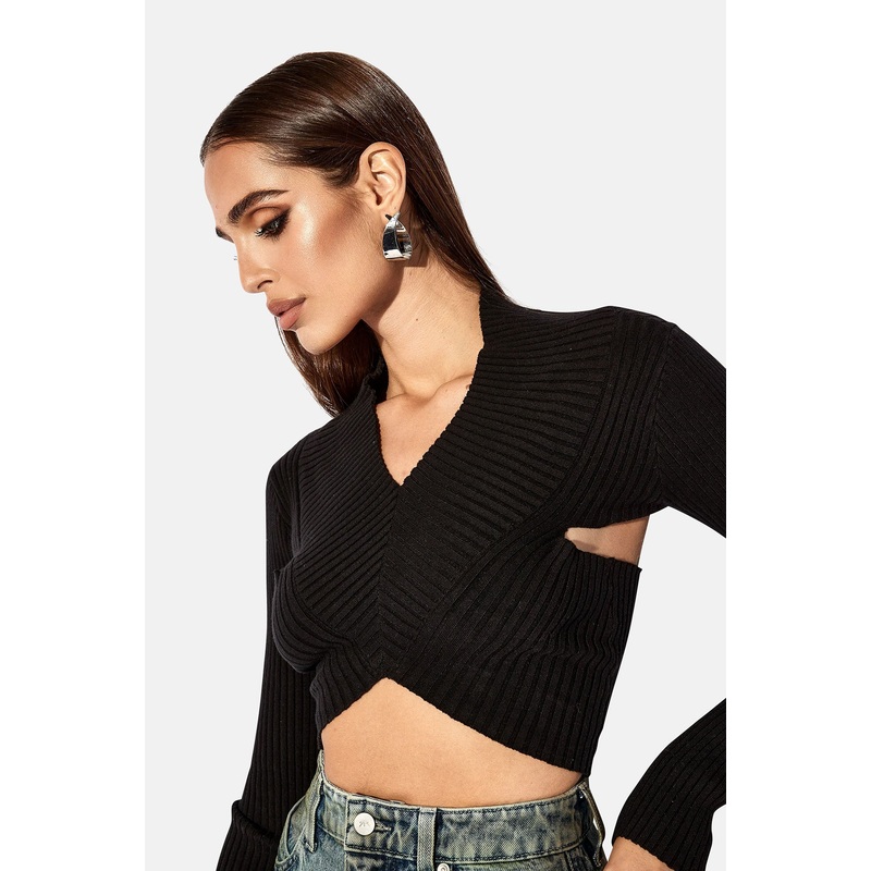 Long Sleeve Cropped Knit Top Black