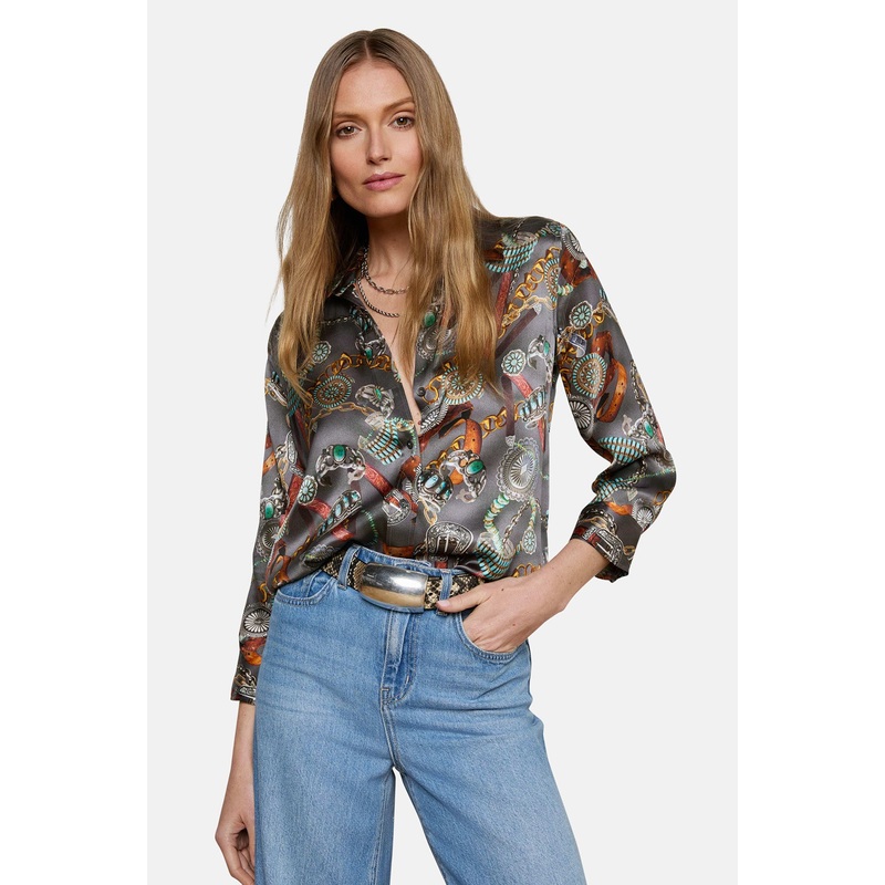 Dani 3/4 Sleeve Silk Blouse Multi Western Belt Print