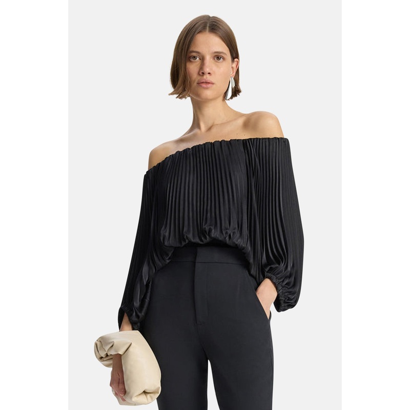Sienna Satin Pleated Off Shoulder Top Black