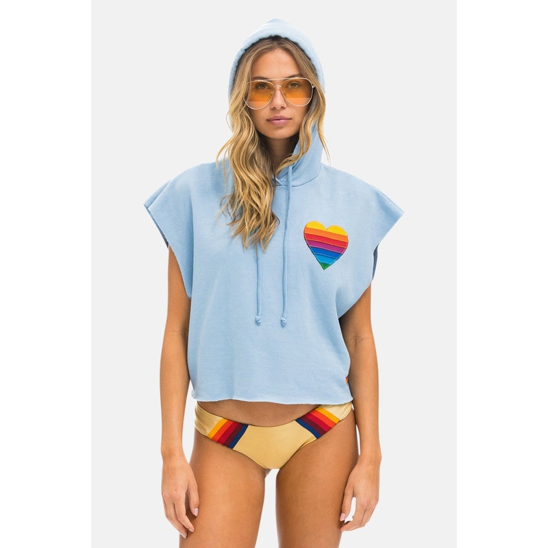 Rainbow Heart Stitch Sleeveless Relaxed Cropped Pullover Hoodie Ice