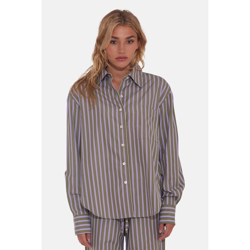 Lily Poplin Boyfriend Shirt Green Multi Stripe