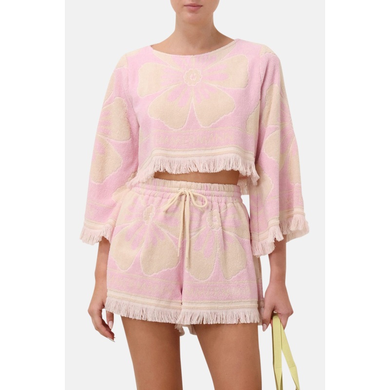 Pop Long Sleeve Towelling Crop Pink/Cream
