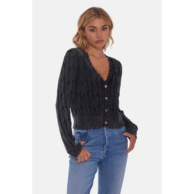 Stone Wash Distressed Cable Cropped Cardigan Black