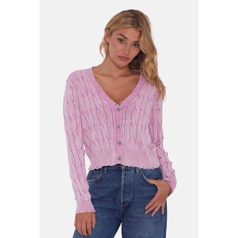 Stone Wash Distressed Cable Cropped Cardigan Faded Rose