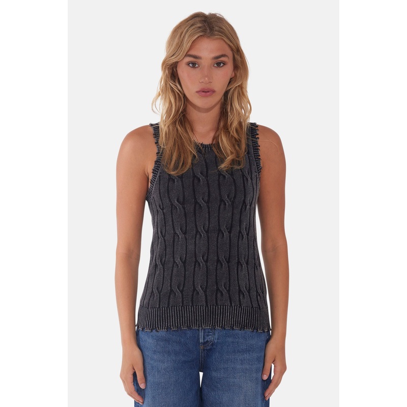 Stone Wash Distressed Cable Tank Black