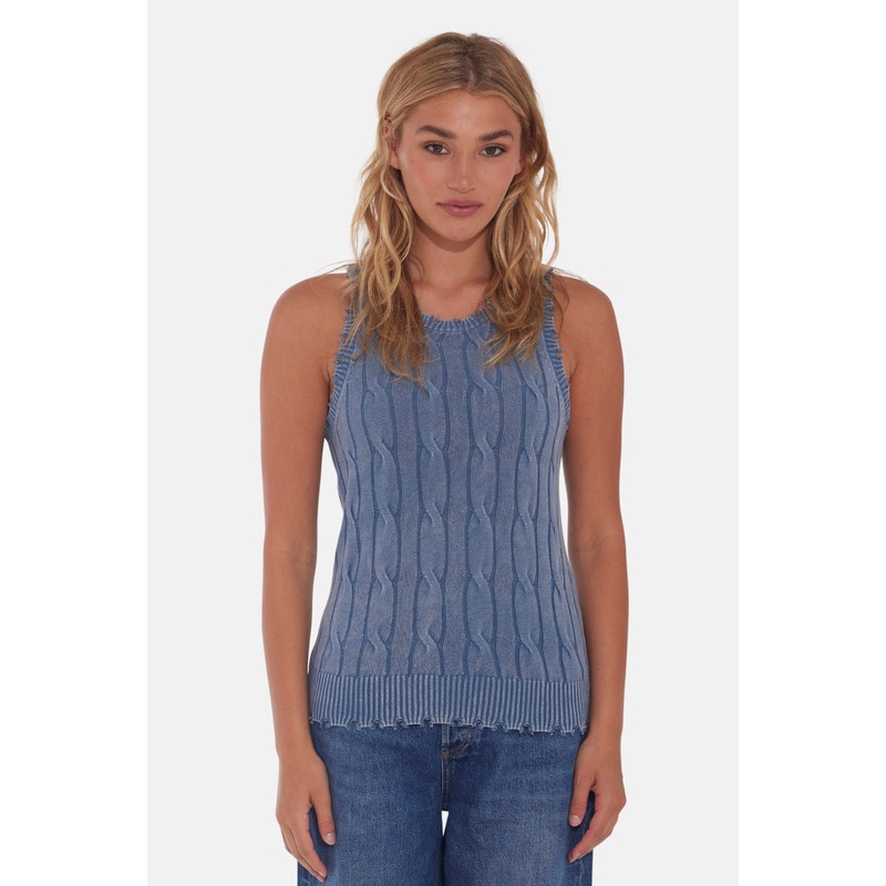 Stone Wash Distressed Cable Tank Fresco Blue