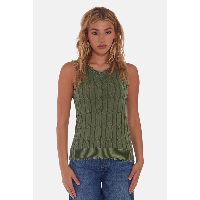 Stone Wash Distressed Cable Tank Garden Grove