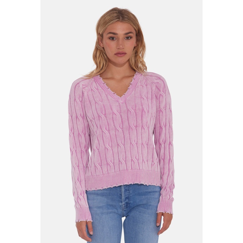 Stone Wash Frayed Distressed Cable V-Neck Faded Rose