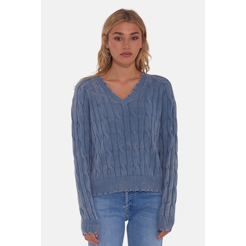 Stone Wash Frayed Distressed Cable V-Neck Fresco Blue