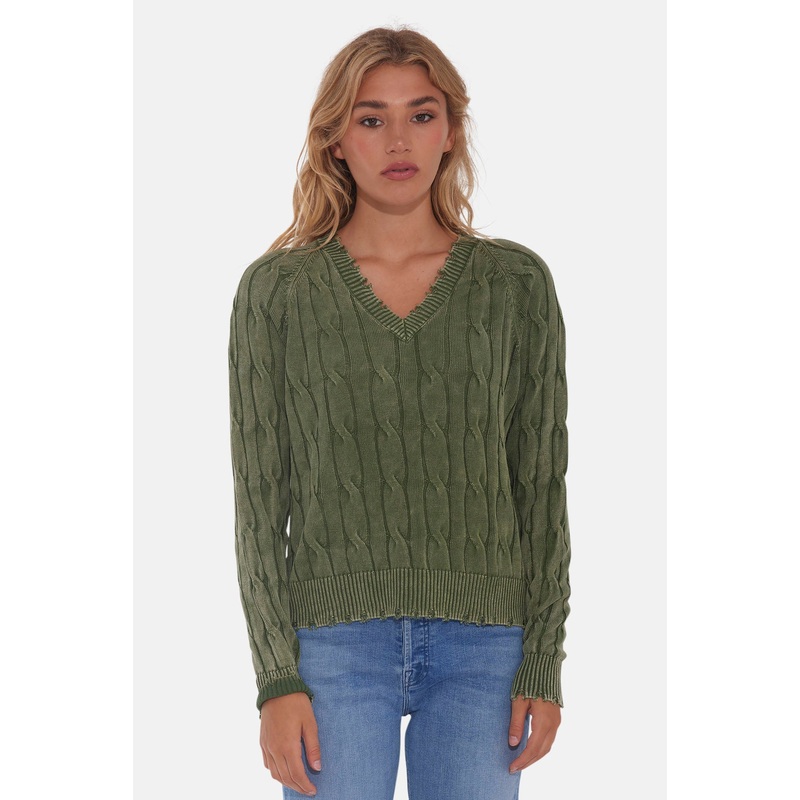 Stone Wash Frayed Distressed Cable V-Neck Garden Grove