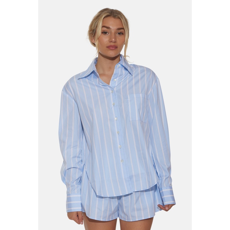 Lily Poplin Boyfriend Shirt Wide Stripe Sky/White