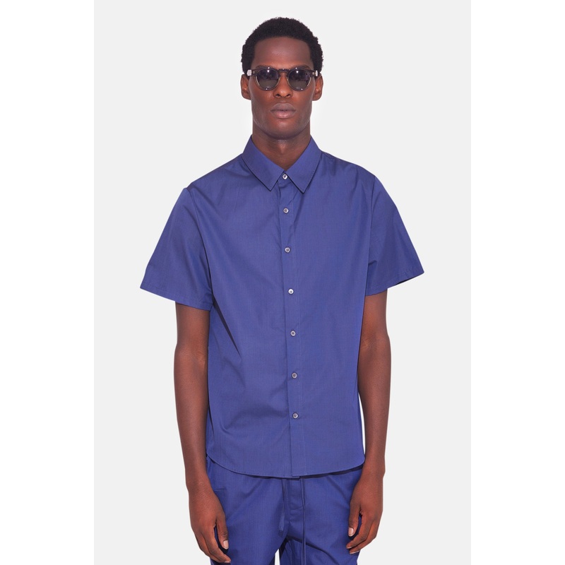 Poplin Short Sleeve Buttondown Navy Micro Stripe