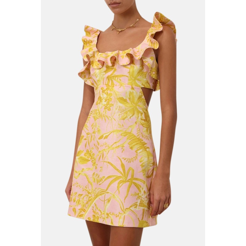 Golden Ruffle Mini Dress Pink/Gold Floral