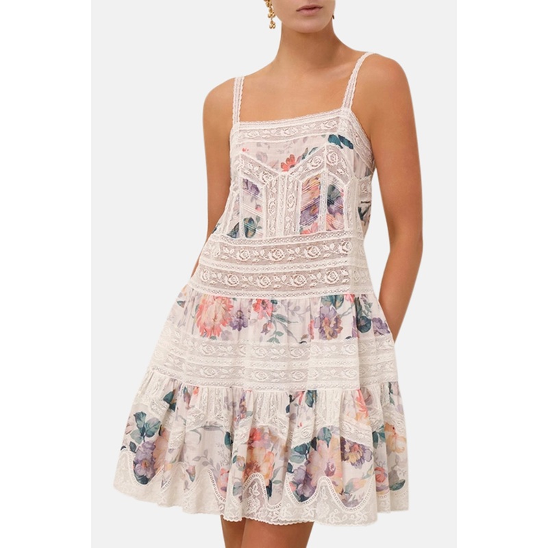 Acacia Lace Trim Mini Dress Cream Multi Floral