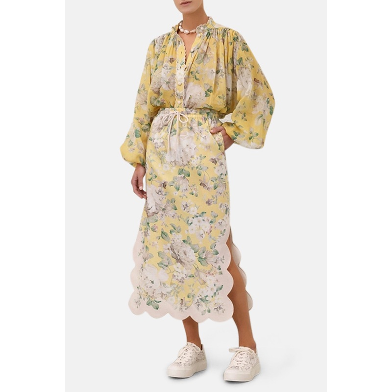 Acacia Scallop Midi Skirt Yellow Floral