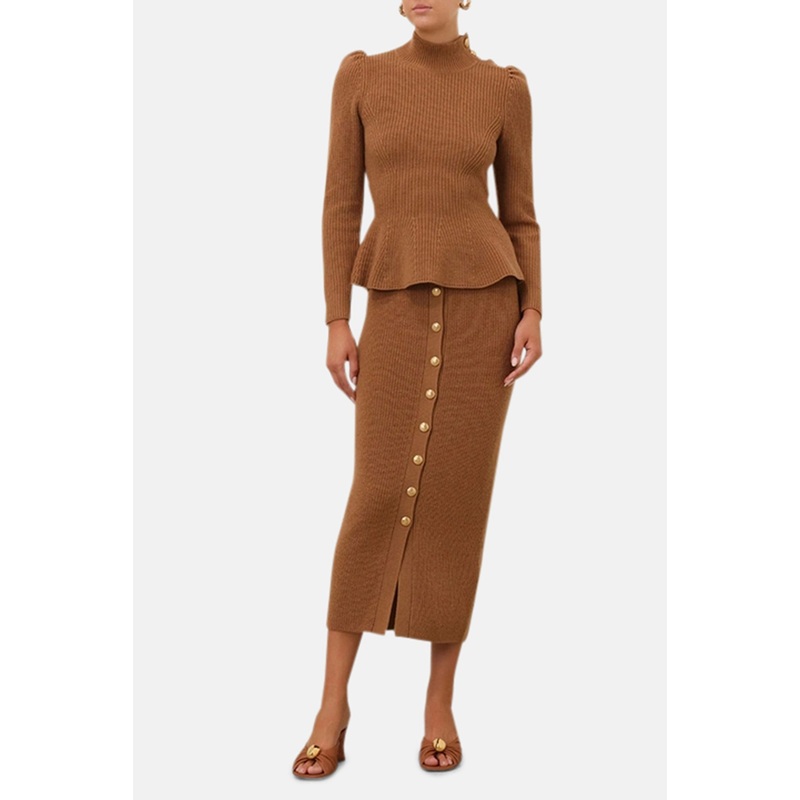 Crush Buttoned Tube Midi Skirt Tan