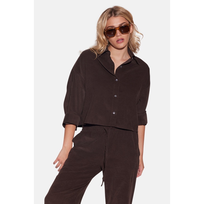 Foxy Micro Cord Crop Shirt Brown