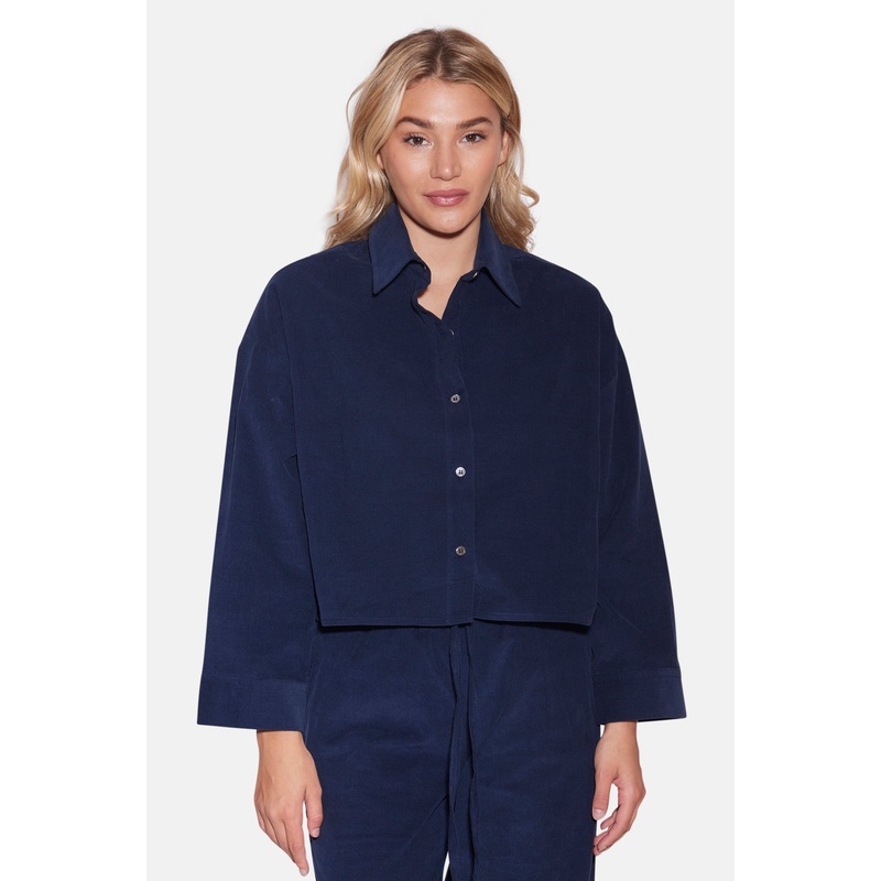 Foxy Micro Cord Crop Shirt Navy
