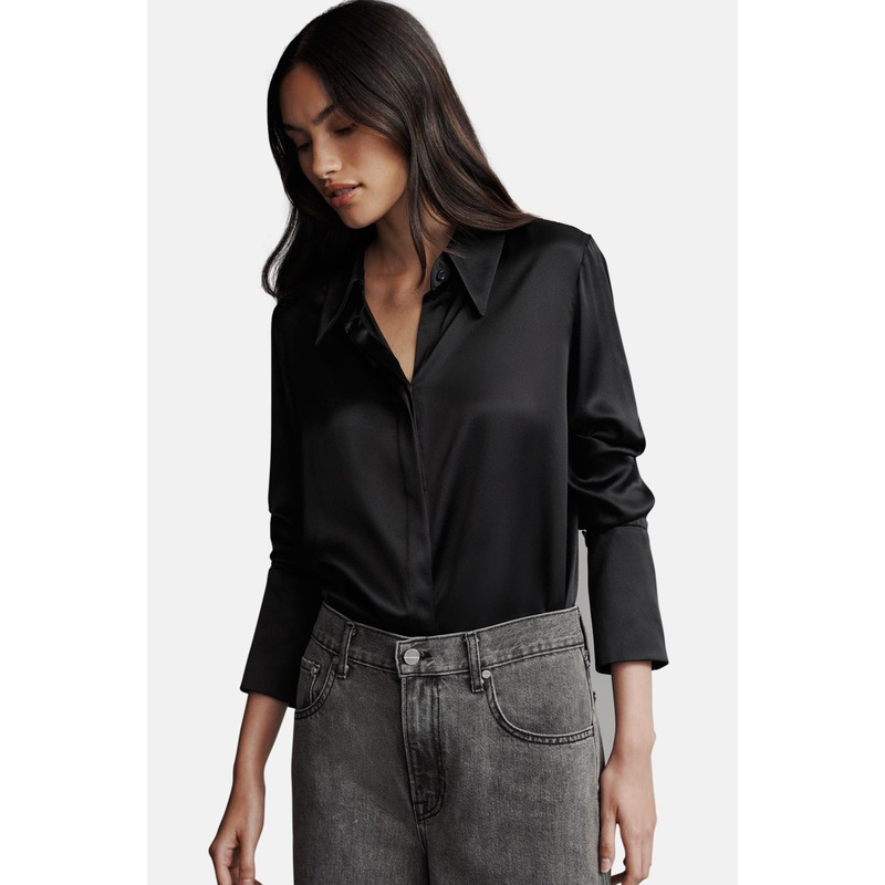 Object Of Affection Top With Sleeve Detail In Silk Charmeuse Black