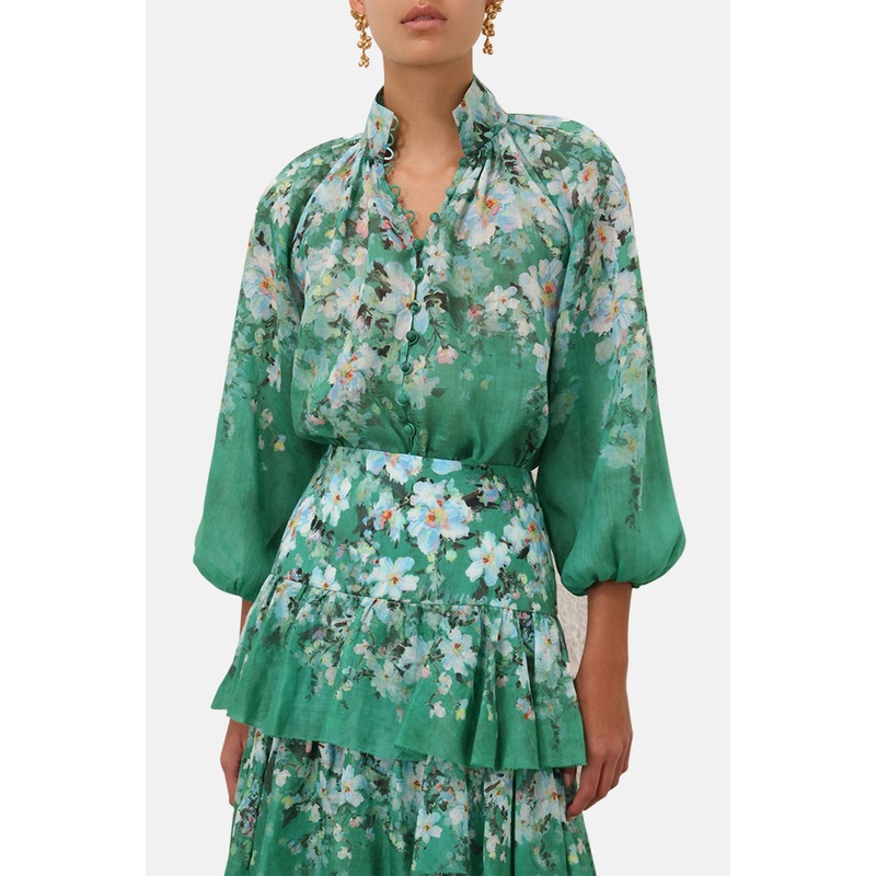 Everley Billow Blouse Green Watercolour Floral