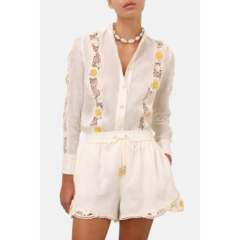 Everley Flower Trim Shirt Ivory