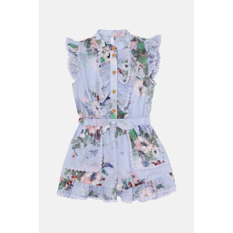Everley Kids Frill Playsuit Light Blue Watercolour Floral
