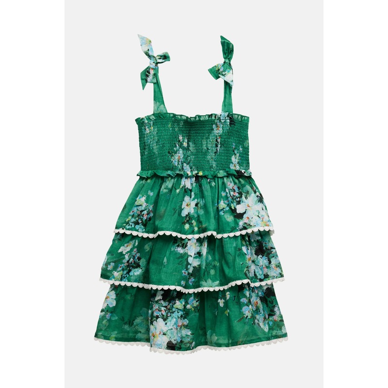 Everley Kids Tiered Shirred Dress Green Watercolour Floral