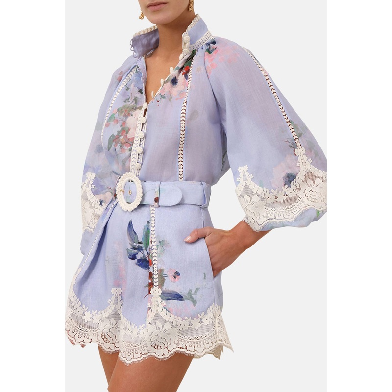 Everley Lace Trim Blouse Light Blue Watercolour Floral