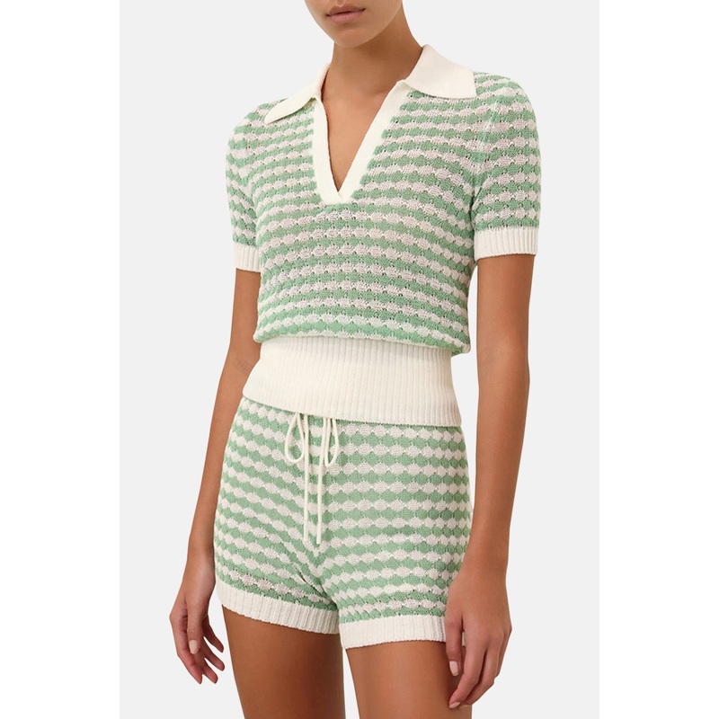 Everley Scallop Knit Polo Tee Green Cream