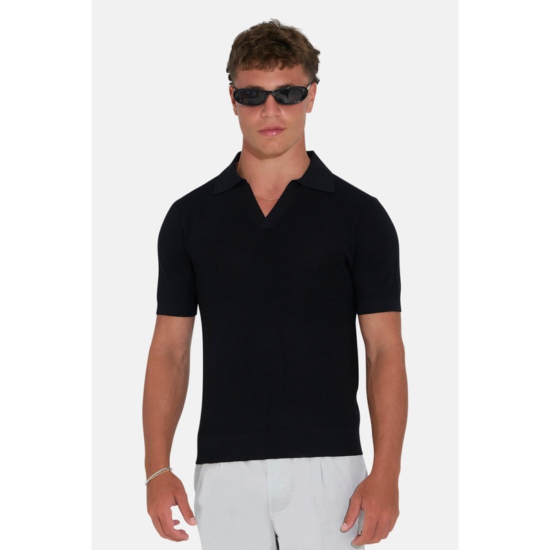 JZ Silk Cash Micro Waffle Polo Black