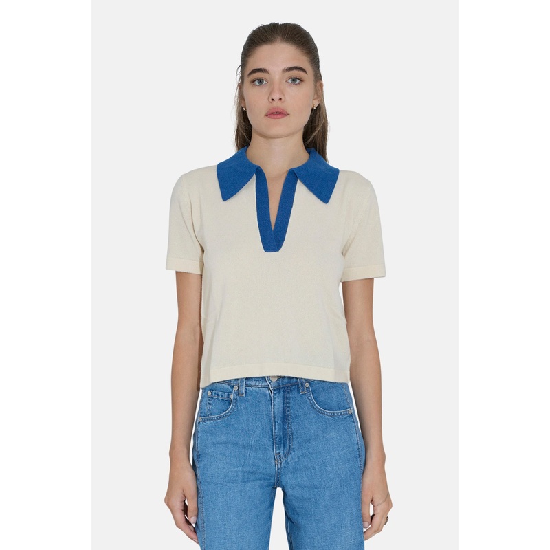 Tate Cashmere Contrast Polo Ivory/Denim