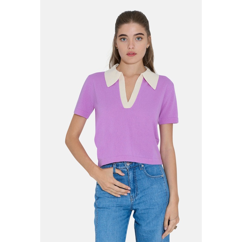 Tate Cashmere Contrast Polo Misty Purple/Ivory