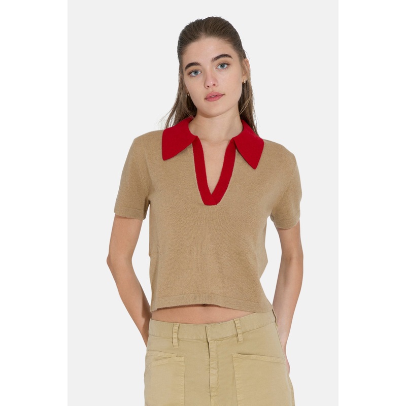 Tate Cashmere Contrast Polo Mocha Beige/Burgundy