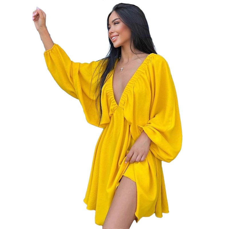 Comfortable Loose Long Sleeve V Neck Dress for Women and Girls Fashionable Casual Mini Swing Dresses  Yellow XL | Fruugo SG