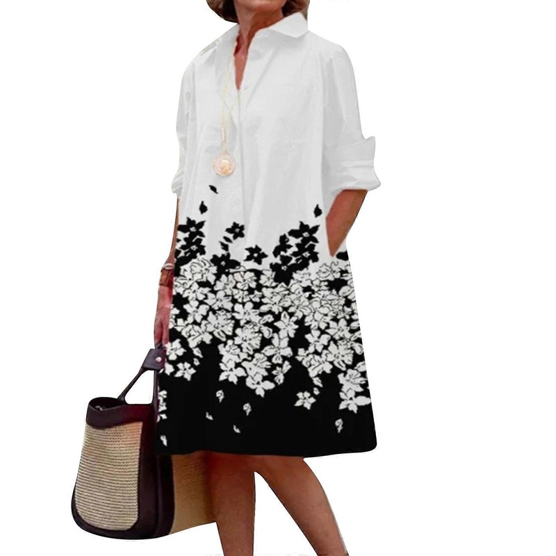 Dress for Womens Single Breasted Long Sleeve Button Down Dress Lapel V-Neck Casual Shirt Dresses for Party  white flowers XL | Fruugo SG