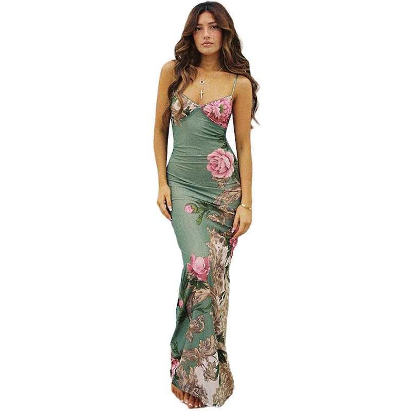 Floral Print Dresses Lacy V-Collar Sleeveless Sexy Slit Fashion Bodycon Backless Sleeveless Tube Top Long Sling Dress  Green M | Fruugo SG