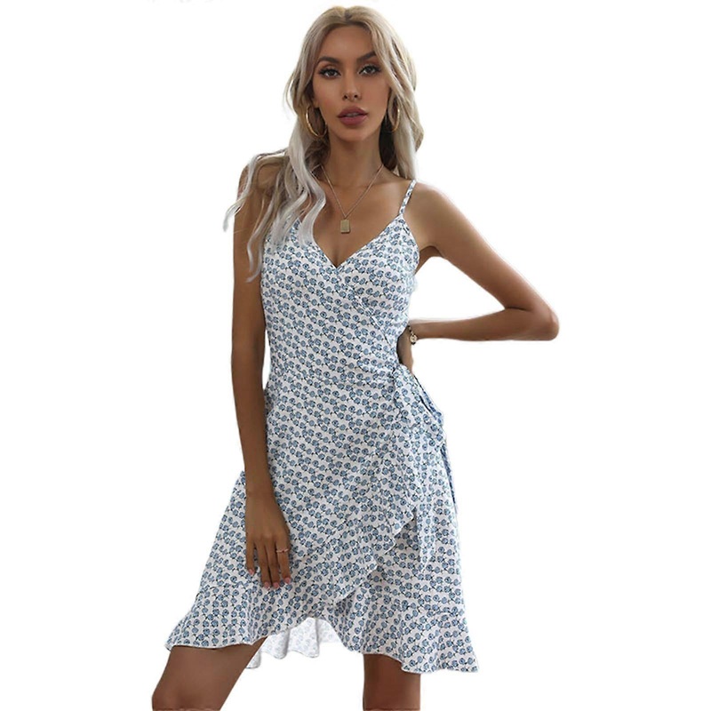 Floral Printed Sleeveless Summer Dress with Ruffle Hem Front Split for Women Spaghetti Strap V Neck Casual Dress  White XL | Fruugo SG
