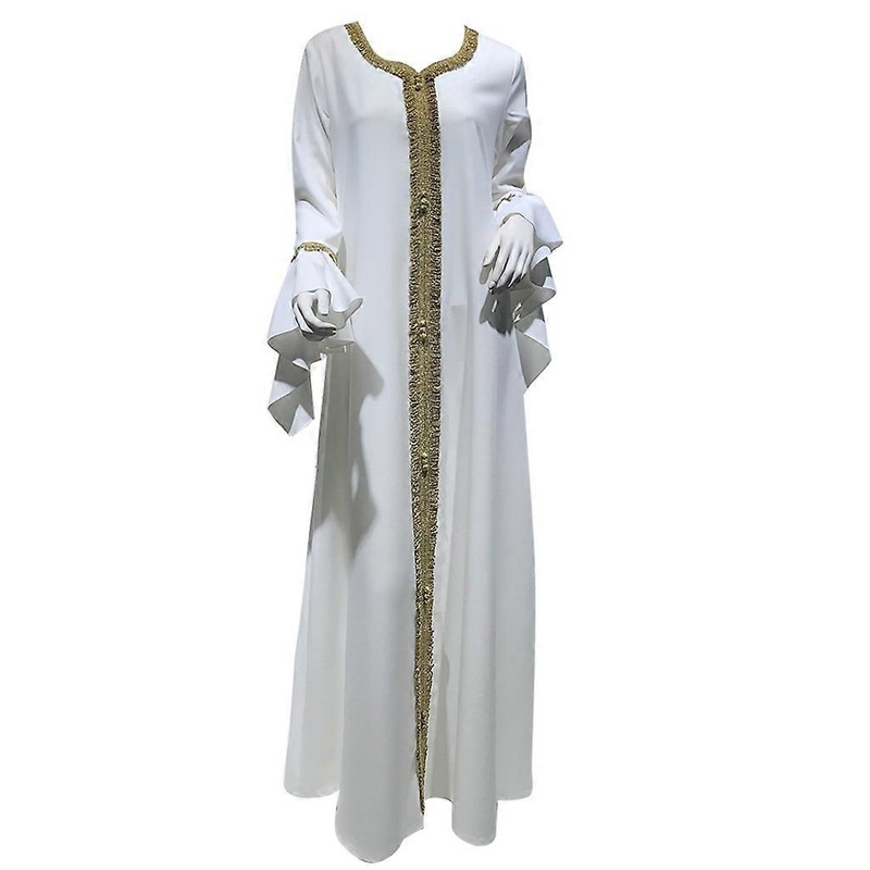 Maxi Dress Elegant Embroidery Gilding Muslim Dubai Arabic Moroccan Kaftan Robes with Long Ruffle Sleeve for Womens  White S | Fruugo SG