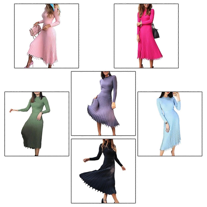 Women Autumn Long Sleeve Ribbed Knit Midi Long Sweater Dress Mock Neck Slim Fit Pleated Flare Empire Waist Solid Color Stretchy Streetwear  Purple | Fruugo SG
