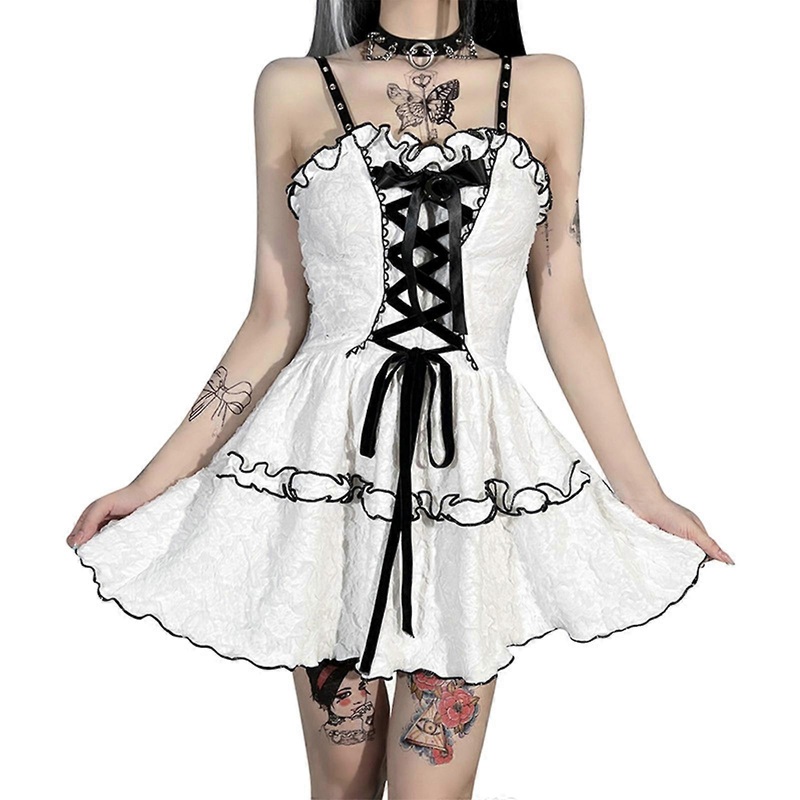 Women Dark Gothic Eyelets Spaghetti Strap A-Line Mini Dress Harajuku Lolita Crisscross Bandage Front Tiered Ruffles Hem Ruched Lace Splicing Party | Fruugo SG